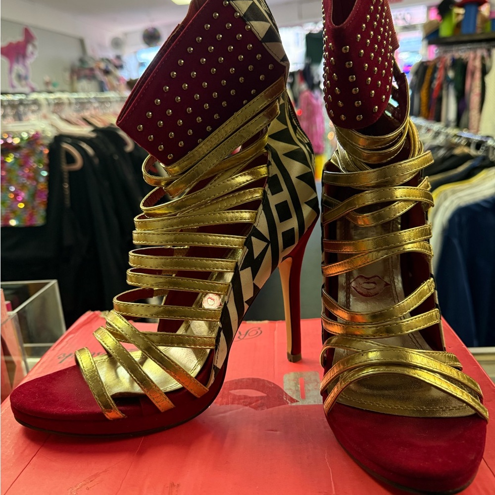 Chic Gold and Red Strappy Heels